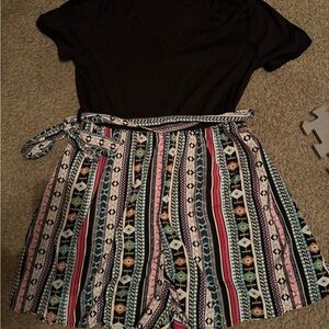 Black Top with Multicolor Patterned Shorts